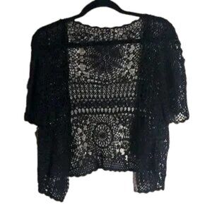 Vintage Crochet Boho Bolero Short Sleeve  Open Cardigan Fits S/M